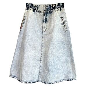 Vintage 80s Bonjour High Waist Acid Wash Midi Skirt Size 11 12 Preppy Country‎